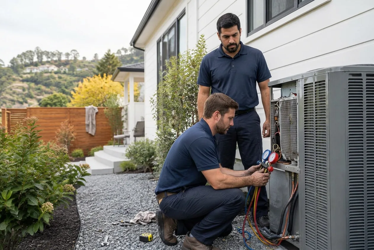 Illustrative technicians inspecting an outdoor heat pump at a Bay Area home